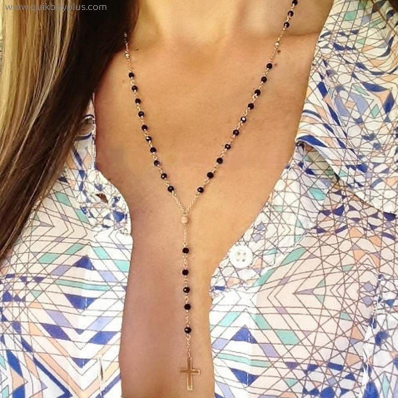 Simple Long Tassel Cross Pendant Necklaces Handmade Sweater Rosary Beads Necklace Choker Chain Lock Necklace Collar