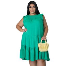 Solid Casual Plus Size Dresses for Women Summer Sleeveless Midi Dress Fashion Pleated Crew Neck Wholesale