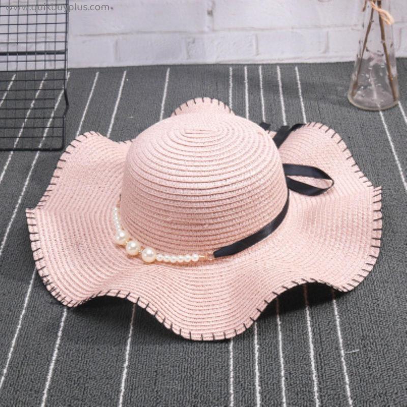 Spring and Summer Woman and Child Leisure Pearl Beach Sun Hat Parent-child Sunscreen Big Wavy Straw Hat