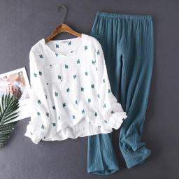 Spring and Summer Women's Cotton Long-sleeved Trousers Suits Cactus Printing Pajamas Sets Women Conjuntos Pajama Set