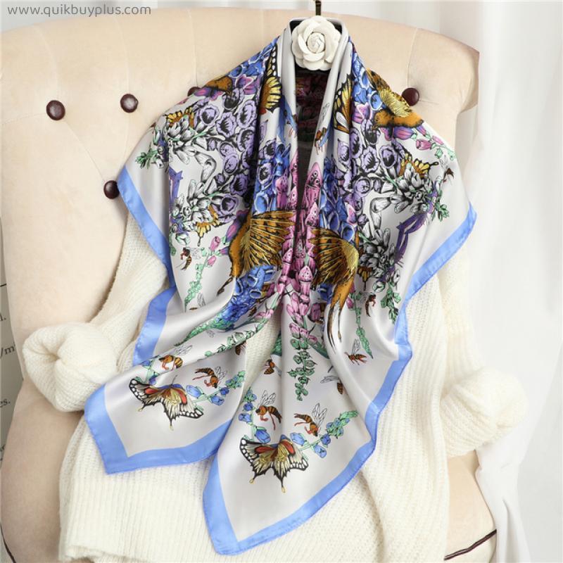 Square Silk Scarf for Women Hijab Female Muslim Head Scarves Shwal Wrap Bandana Suit Spring Summer Kerchief 90*90cm Big Muffle