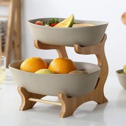 Storage Rack Kitchen Vegetable Rack 2 Tiers Fruit Basket Stand Ceramic Countertop Fruit Dish With Bamboo Stand Holder Kitchen Food Dessert Presentation Stand For Fruits Vegetables And Bread Brown