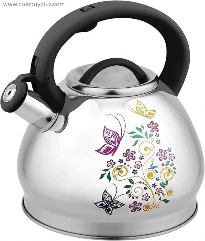 Stovetop Kettle Gas Hob Kettle Flower Patter Sliver Whistle Kettles 3L Stainless Whistling Teapot Heat Collecting Pot Bottom for All Kinds of Stoves (Silver C)