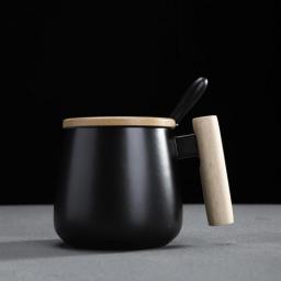 Style wooden handle Ceramic Cups Coffee Mugs Large capacity mug with spoon lid mug coffee tea cup home office drinkware