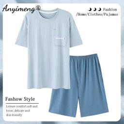 Summer Cool Modal Men Pajamas High Quality Plus Size Lounge Set Sky Blue Two Pcs Pajama Set Elastic Fashion Home Clothing Pj New