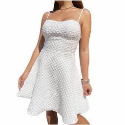 Summer Women Clothing Boho Textured Knit Spaghetti Strap High Waist  Mini Dress