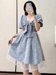 Sweet Elegant Bow Lace Mesh Preppy Style Women Dresses New Summer Square Collar Student Puff Sleeve Ladies Dress Female