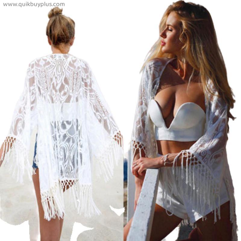 Swimwear Cover Up Women White Lace Tunic Beach Dress Clothing Backless Bathing Suit Crochet Bikini Swimming Beach Wear
