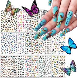 TOROKOM 12 Sheets Butterfly Nail Art Stickers Decals, 3D Self-Adhesive Nail Decals Butterfly Designs Nails Supplies Butterfly Stickers for DIY Colorful Laser Butterflies Nails Manicure Decor