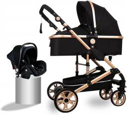 TRB Baby Stroller 2 In 1 Pram For Newborn, Folding High Landscape Infant Carriage Reversible Bassinet Toddler Pushchair Stroller Infant Carriage Pushchair With Footmuff (Black)
