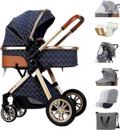 TRB Light Weight Strollers For Toddler, Baby Stroller Carriage 3 In 1 Buggy Lightweight Pushchair High View Luxury Pram For Newborn Infant Bassinet With Rain Cover, Mosquito Net (Color : Blue)
