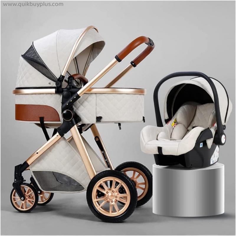 TRB Pram Baby Stroller for Newborn and Toddler, 3 in 1 Adjustable High View Carriage Strollers Infant Bassinet Prams and Pushchairs with Stroller Rain Cover Mosquito Net (Color : Beige)