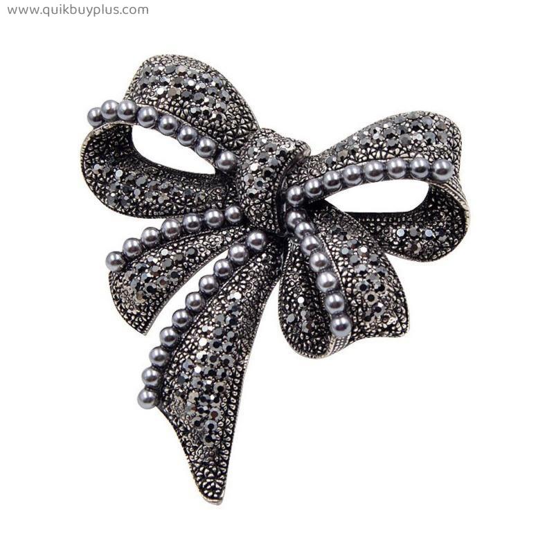 TULX Black Bowknot Brooches for Women Rhinestone Pearl Brooch Pin Vintage Bow Knot Broches Fashion Jewelry Elegant Accessories