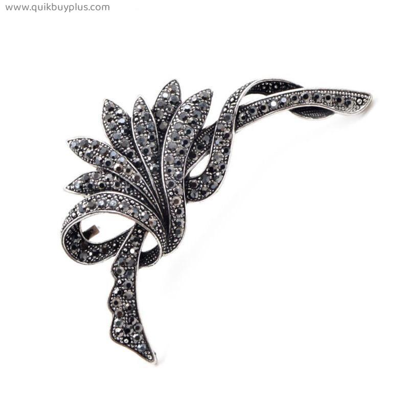 TULX Rhinestone Black Flower Brooches for Women Fashion Vintage Brooch Pin Party Wedding Accessories Large Broches Gift