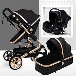 TXTC 3 In 1 Baby Stroller Carriage Foldable Luxury Pushchair Stroller Anti-Shock Springs High View Pram Baby Stroller With Baby Basket For Newborn (Color : Black)