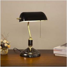 Table Lamps for Bedroom Bankers Retro Desk Light with Pull Switch, Indoor Black Glass Table Lamp, Antique Metall Bedside Light for Offices, Bedroom Rooms, and Reading