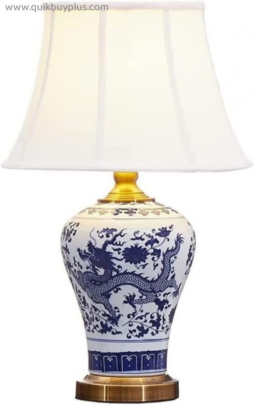 Table Lamps for Bedroom Vintage Antique Table Lamp Chinese Ceramic Desk Lamp Blue and White Porcelain Hotel Decoration Bedside Lamps Hand-Painted Dragon Pattern Vase