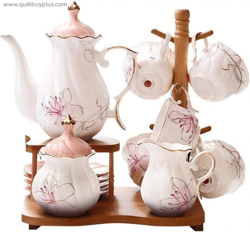Tea Set Afternoon Tea Set Set Household Coffee Cup Ceramic Teapot Set Flower Cup Wedding Tea Set  Tea Pot Set (Color : Pink)