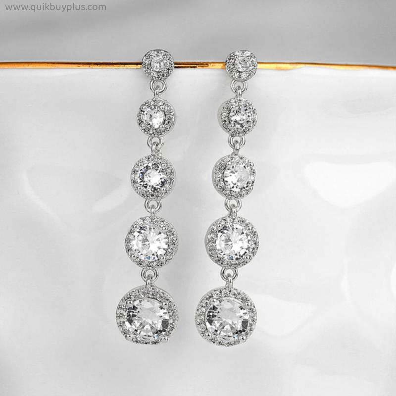 Teardrop Round Zircon Long Dangle Earrings for Women Wedding Engagement Jewelry Bridal Drop Earring Gifts
