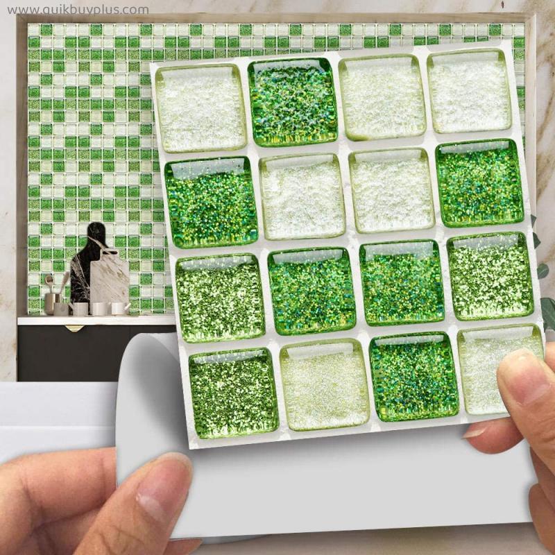 Tile Stickers Shiny Green Beige Stick on Tiles PVC Tile Stickers for Kitchen Heat Resistant Tile Stickers for Bathroom Waterproof Self Adhesive Tiles for Walls Peel and Stick Wallpaper 15x15cm