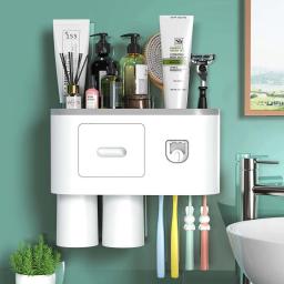Toothbrush Holder Wall Mounted, Automatic Toothpaste Dispenser Squeezer Kit -Magnetic Toothbrush Holder For Bathroom And Vanity, 4 Brush Slots 2 Cups 1 Cosmetic Drawer1 Large Storage Tray By Showgoca