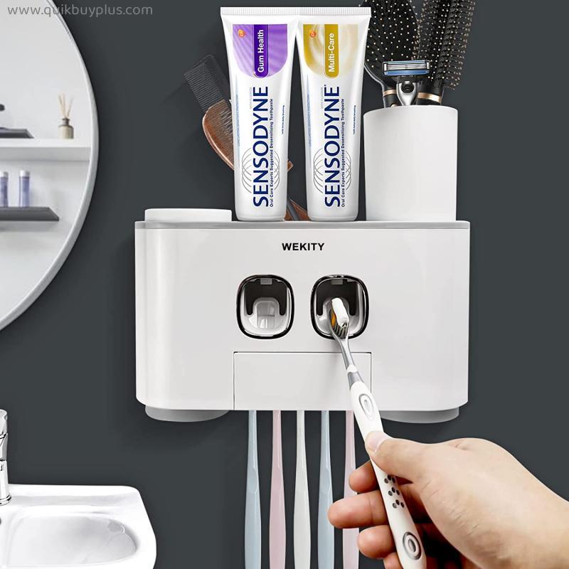 Toothbrush Holder Wall Mounted, WEKITY Multi-Functional Toothbrush and Toothpaste Dispenser for Bathroom, with 5 Toothbrush Slots, 2 Toothpaste Squeezers and 4 Cups(Grey)