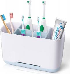 Toothbrush Holder for Bathroom, Large Electric Toothbrush Caddy with Drainage and Anti-Slip Base, Plastic Toothpaste and Toothbrush Organizer for Family,Kids for Vanity, Sink, Countertop, White/Blue