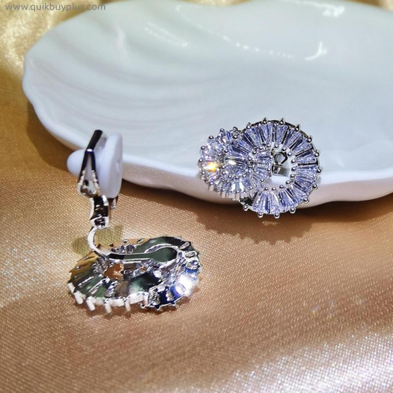 Trendy AAA Baguette Cubic Zirconia Clip on Earrings for Women Fashion Circle Without Piercing Earrings Bridal Wedding Accessory