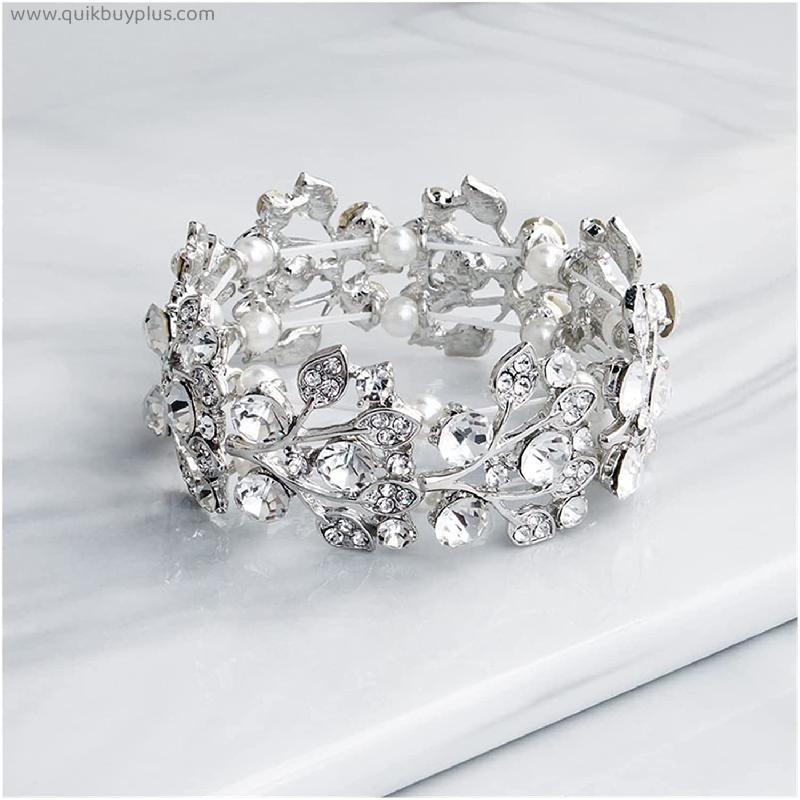 Trendy Charm Stretch Crystal Rhinestones Pearls Leaf Fashion Women Bracelet Girls Bracelet Bridal Wedding Bracelet jewellery (Metal Color : Silver)