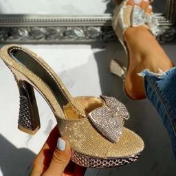 Trendy Fashion Female Bowknot Sexy Slippers 2021 Summer Slippers Women Platform Crystal Thick High Heels Shoes Woman