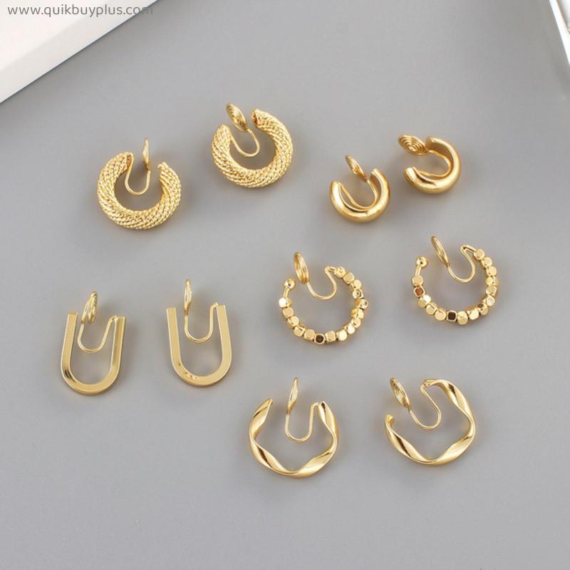 Trendy Korean Geometric Vintage Golden Mosquito Coil Clip Earrings for Women Girls Minimalist No Pierced Cuff Hoop Earrings
