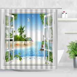 Tropical Landscape Shower Curtain 3D Open Window Ocean Beach Starfish Shell Palm Tree Scenery Waterproof Bathroom Decor Curtains