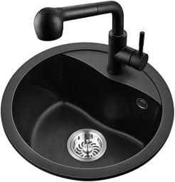 Undermount Workstation Kitchen Sink Quartz Stone Sink Round Single-Slot Kitchen Sink Home Reversible Sink 1 Bowl Sink Reversible Inset (Color : Black, Size : 454520cm) (Black 46 * 46 * 20cm)