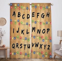Upside Down Alphabet Window Curtain Letters Colourful Lights Happy Halloween Print Curtains Monster Scary Boys Decoration Kids Art Home Decor Rod Pocket Drapes For Bedroom Living Room 82 In X 84 In