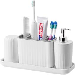 VITVITI Toothbrush Holder for Bathroom, Bathroom Organizer Storage Set with 2 Bathroom Tumblers, for Vanity Countertop/Toothpaste/Kids, 5 Compartments White + Gray Plastic