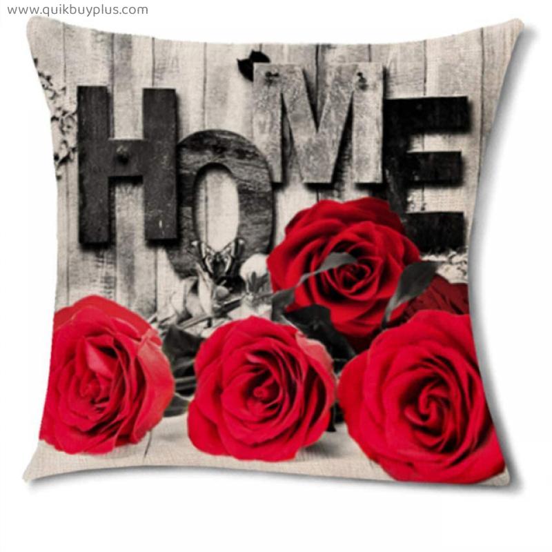 Valentine's day red rose flower linen pillowcase sofa cushion cover home decoration can be customized for you 40x40 50x50 60x60