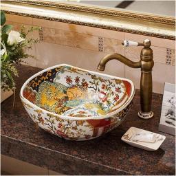 Vessel Sink With Faucet And Drain Combo Bathroom Porcelain Vessel Vanity Sink, 12.6-inch Above Counter Basin Countertop Artistic Sink Bowls