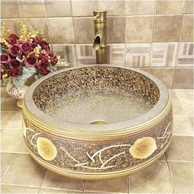 Vessel Sink with Faucet and Drain Combo Ceramic Bathroom Vessel Sink Hand-Painted Glaze Leaves Rock Pattern Vanity Sink Basin