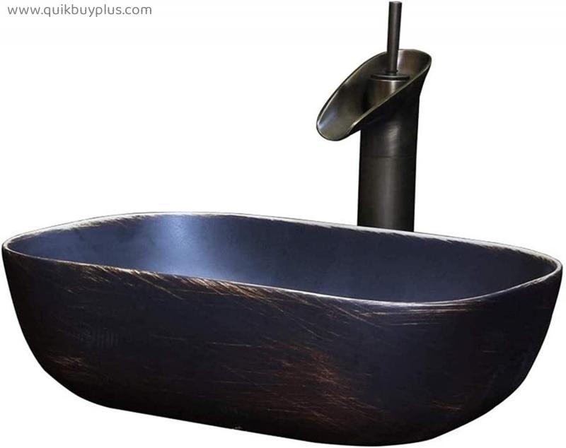 Vessel Sink with Faucet and Drain Combo Ceramic Bathroom Vessel Vanity Sink 16-inch Countertop Porcelain Hand-Carved Scratches Pattern Sink Bowl