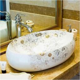 Vessel Sink with Faucet and Drain Combo Oval Ceramic Bathroom Vessel Sink, 62x43x13cm Above Counter Vanity Porcelain Countertop Sink Art Basin