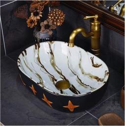 Vessel Sink with Faucet and Drain Combo Painted Star Bathroom Vessel Sink Above Counter Oval Porcelain Imitation Marble Pattern Countertop Bowl Sink