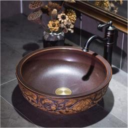 Vessel Sink with Faucet and Drain Combo Slivy Retro Counter Top Art Vessel Sink Ceramic Above Counter Bathroom Washing Basin Round Brown Porcelain Sink Bowl