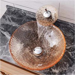 Vessel Sink with Faucet and Drain Combo Slivy Round Transparent Above Counter Vessel Sink Tempered Glass Lavatory Basin Bathroom Vanity Bowl Combo