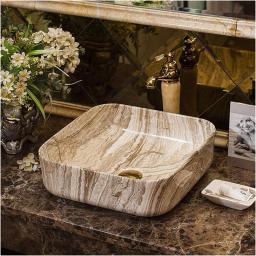 Vessel Sink with Faucet and Drain Combo Square Wash Basin Combo Gray Marble Pattern Lavatory Bowls, Ceramic Countertop Artistic Sink Bowl