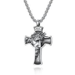Vintage Cross Necklace Pendant For Men Portrait Stainless Steel Religion Christian Fashion Jewelry Box Chain Male Gift