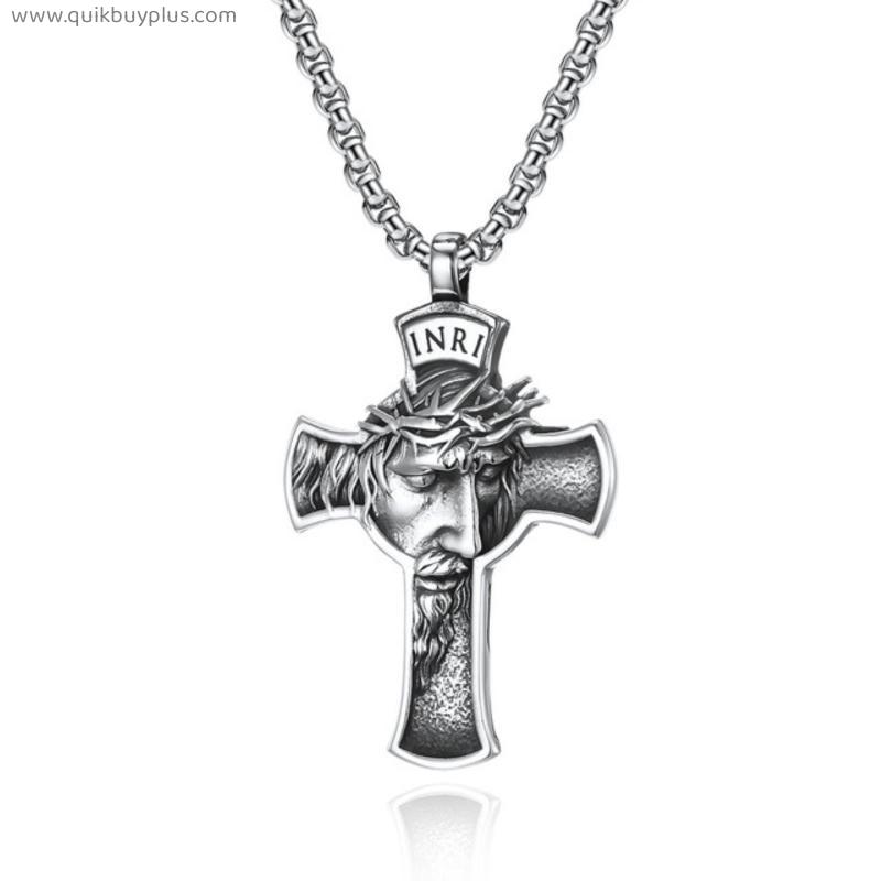Vintage Cross Necklace Pendant for Men Portrait Stainless Steel Religion Christian Fashion Jewelry Box Chain Male Gift