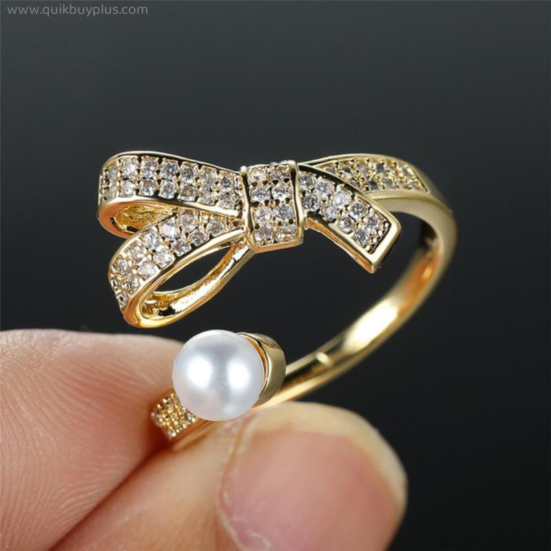 Vintage Gold Color Wedding Ring White Zircon Small Stone Bowknot Ring Simple Fashion Opening Adjustable Rings For Women Jewelry