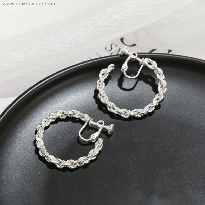 Vintage Interweave Twist Circle Matte Gold Silver Clip Hoop on Earrings for Women Accessories Non Pierced Earrings Jewelry Gift