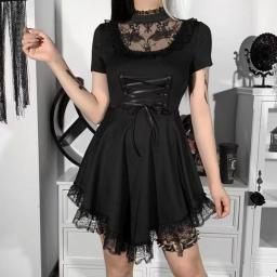 Vintage Punk Black Sexy Mini Dress Women Spaghetti Straps High Waist Women Dresses