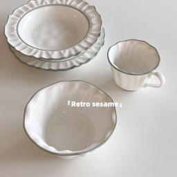 Vintage Sesame Glaze Ceramic Tableware Hand Painted Crinkle Lace Soup Bowl Coffee Cup Steak Western Food Plate Dish